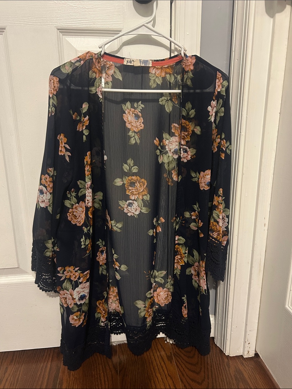 Jolt Black Sheer Floral Kimono Robe with Pink & Peach Blooms